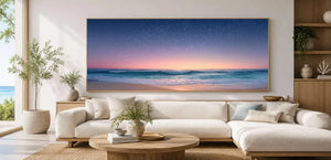 Starry beach horizon canvas wall art for dreamy coastal bedroom decor.