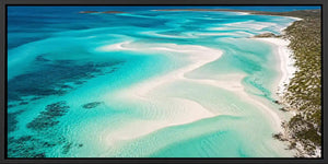 Aerial turquoise sandbar coastal wall art for modern living room decor.