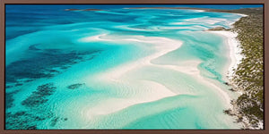 Aerial turquoise sandbar coastal wall art for modern living room decor.