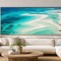 Aerial turquoise sandbar coastal wall art for modern living room decor.