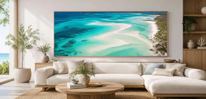 Aerial turquoise sandbar coastal wall art for modern living room decor.