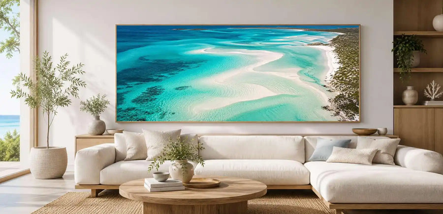 Aerial turquoise sandbar coastal wall art for modern living room decor.