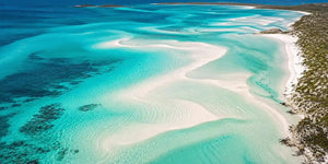 Aerial turquoise sandbar coastal wall art for modern living room decor.