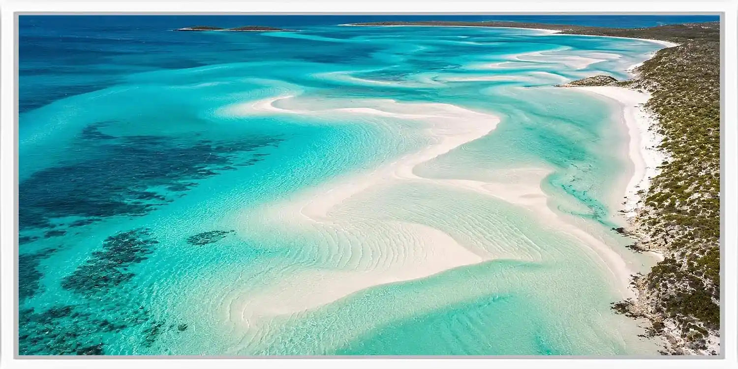Aerial turquoise sandbar coastal wall art for modern living room decor.