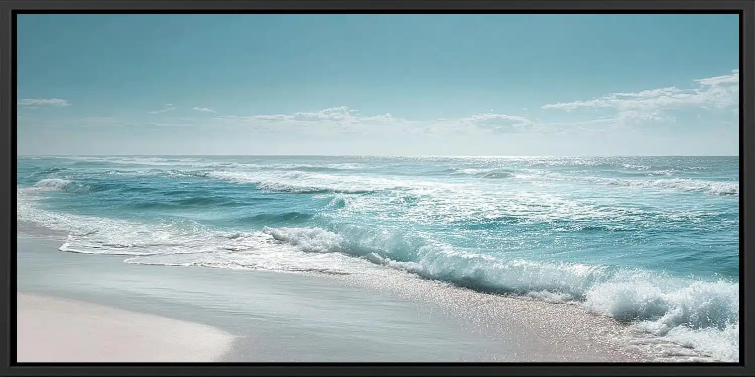 Soft ocean wave photography canvas art for calm coastal living room decor.