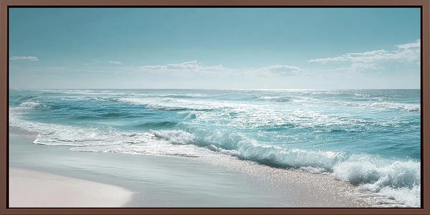 Soft ocean wave photography canvas art for calm coastal living room decor.