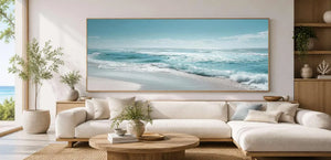 Soft ocean wave photography canvas art for calm coastal living room decor.