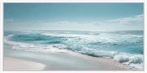 Soft ocean wave photography canvas art for calm coastal living room decor.