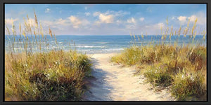 Painted coastal dune pathway canvas art for airy beach house decor.