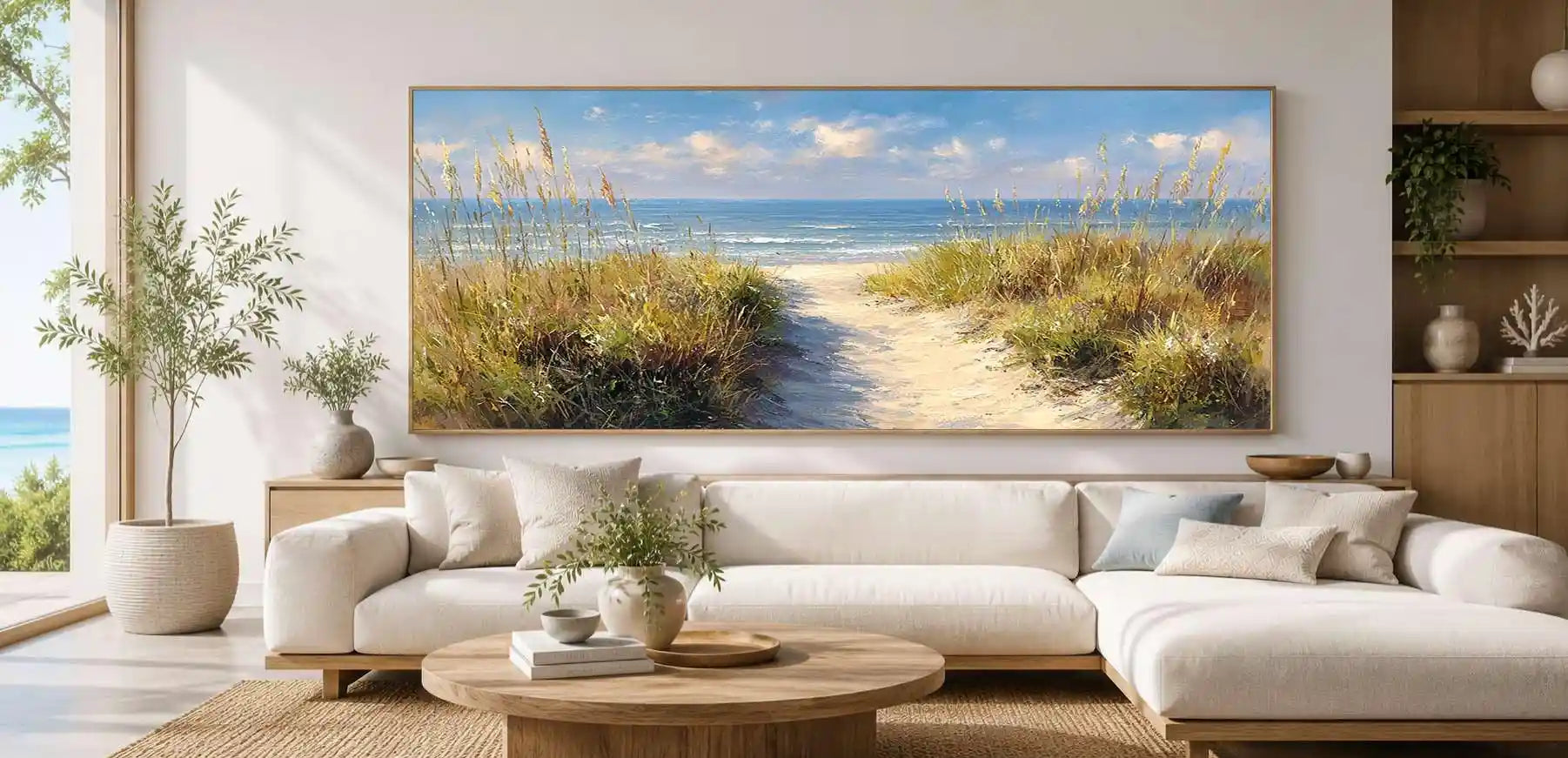 Painted coastal dune pathway canvas art for airy beach house decor.
