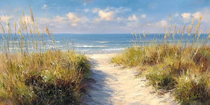 Painted coastal dune pathway canvas art for airy beach house decor.