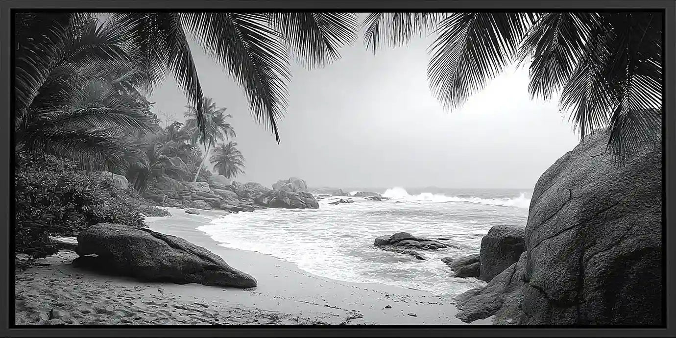 Black and white tropical beach canvas art for sophisticated coastal decor.