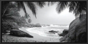 Black and white tropical beach canvas art for sophisticated coastal decor.