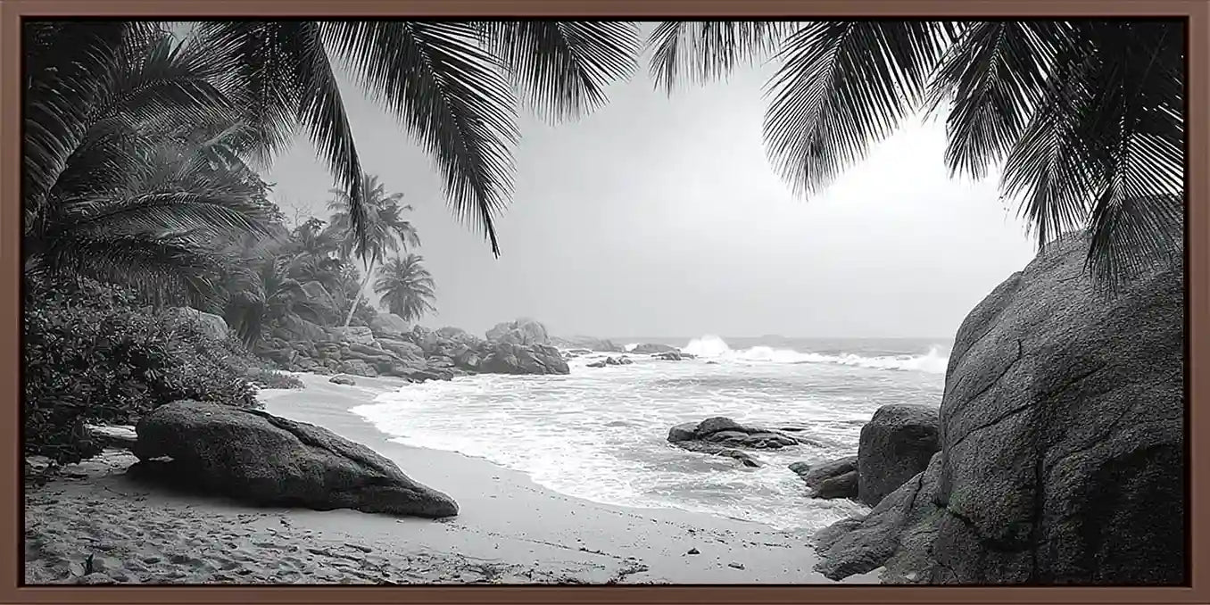 Black and white tropical beach canvas art for sophisticated coastal decor.