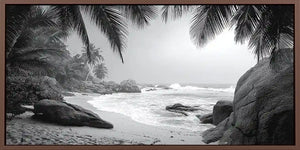Black and white tropical beach canvas art for sophisticated coastal decor.
