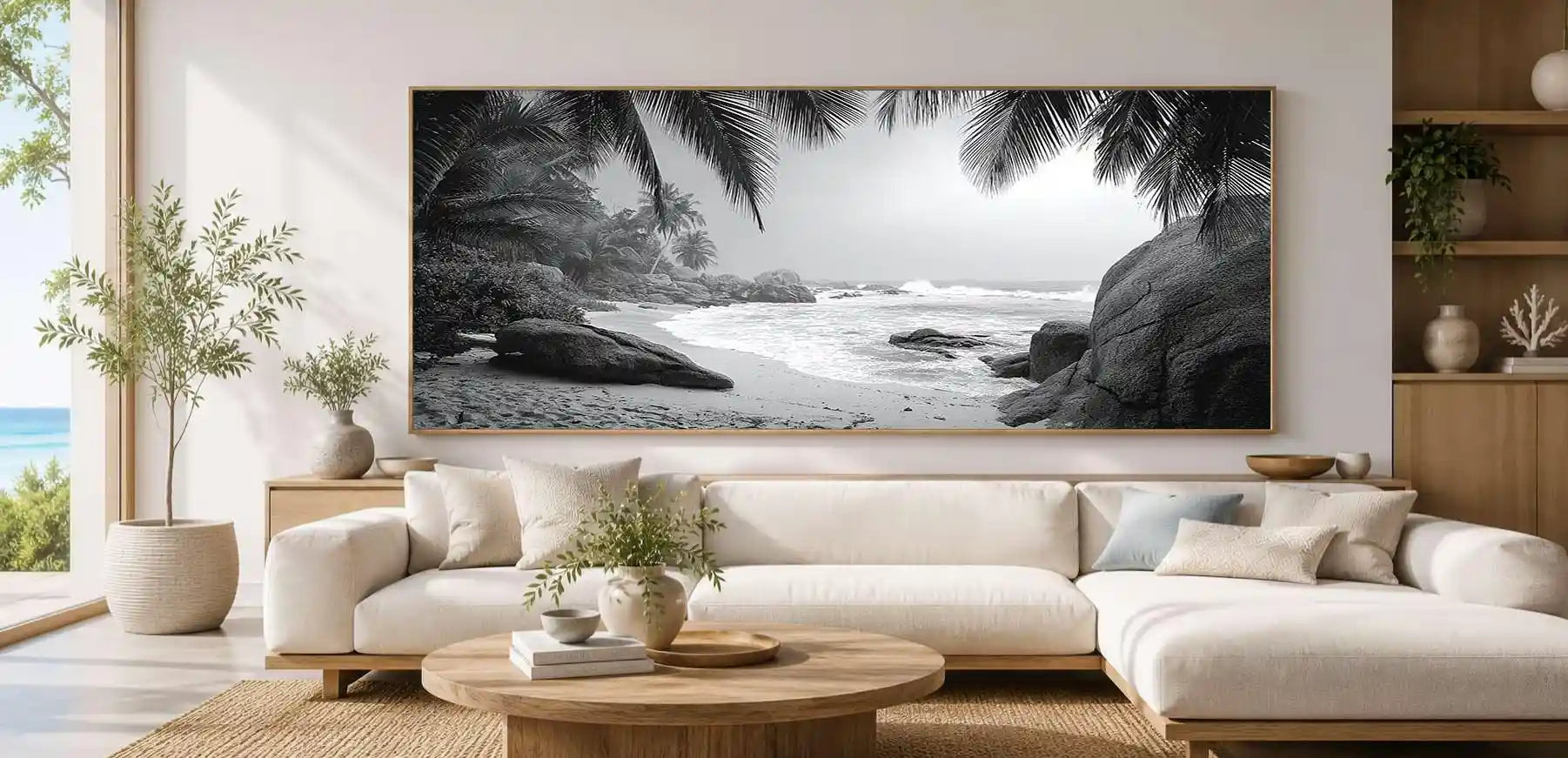 Black and white tropical beach canvas art for sophisticated coastal decor.