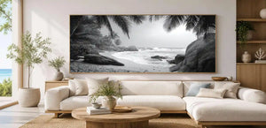 Black and white tropical beach canvas art for sophisticated coastal decor.