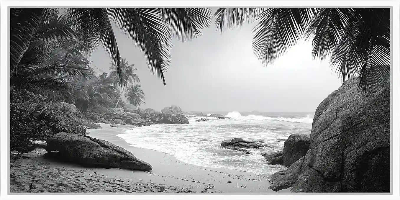 Black and white tropical beach canvas art for sophisticated coastal decor.