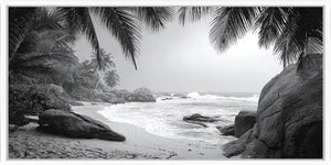 Black and white tropical beach canvas art for sophisticated coastal decor.