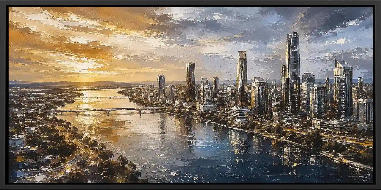 Panoramic city skyline canvas art with harbor sunset for luxury office decor.