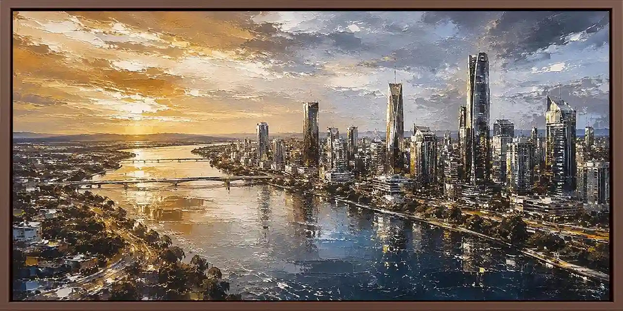 Panoramic city skyline canvas art with harbor sunset for luxury office decor.