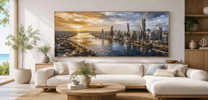 Panoramic city skyline canvas art with harbor sunset for luxury office decor.