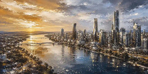 Panoramic city skyline canvas art with harbor sunset for luxury office decor.