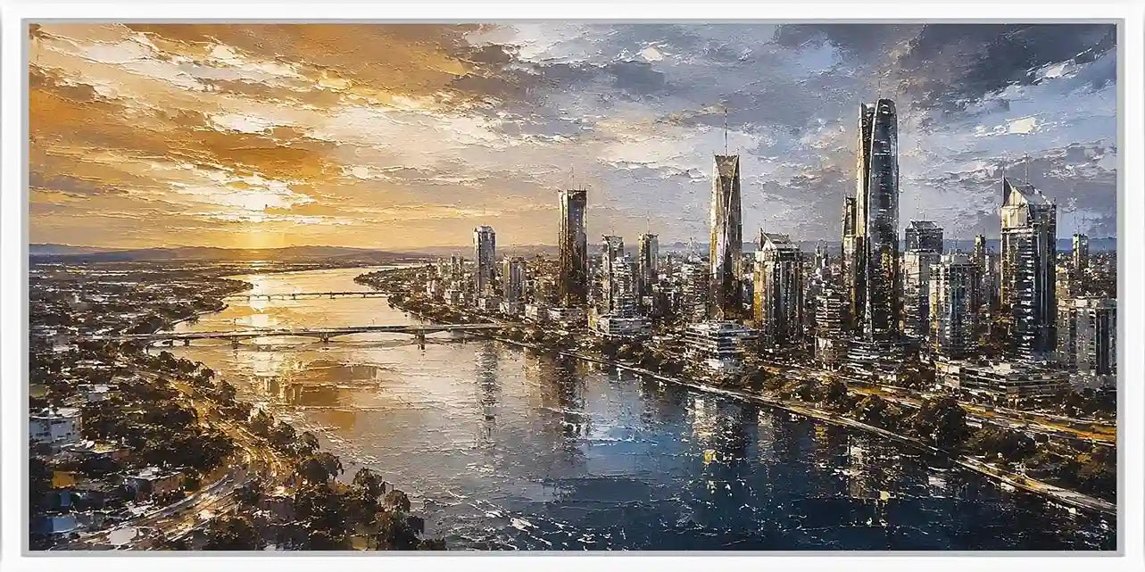 Panoramic city skyline canvas art with harbor sunset for luxury office decor.