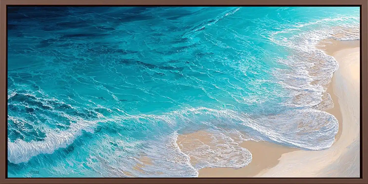 Turquoise aerial ocean canvas art for fresh coastal living room decor.