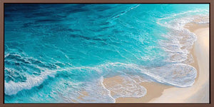 Turquoise aerial ocean canvas art for fresh coastal living room decor.