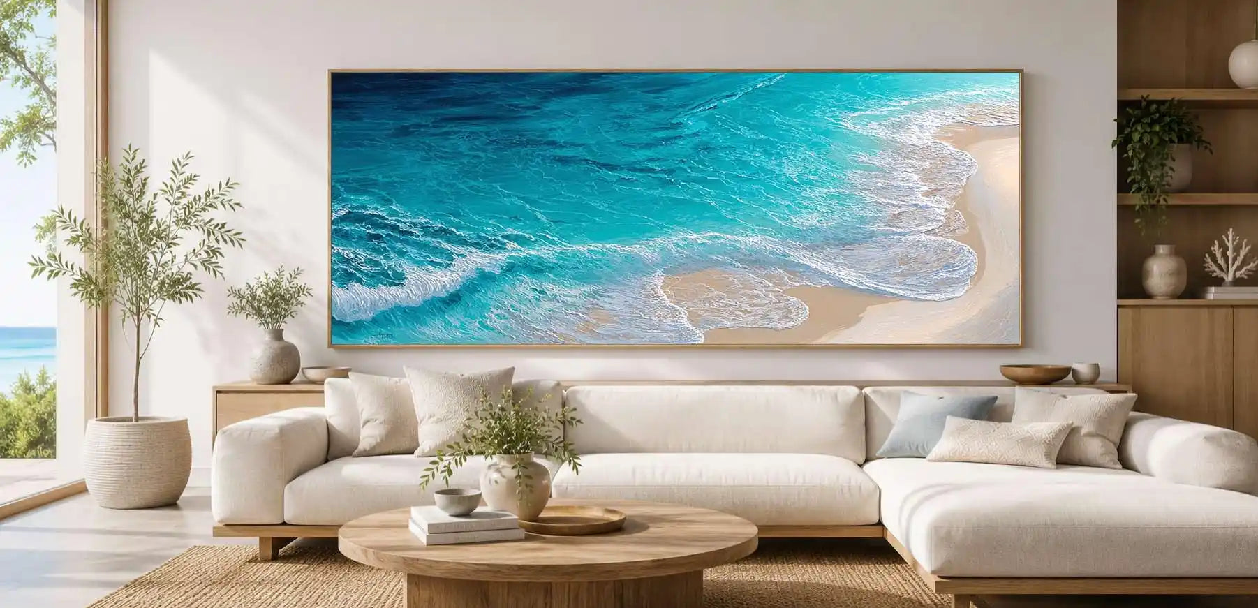 Turquoise aerial ocean canvas art for fresh coastal living room decor.