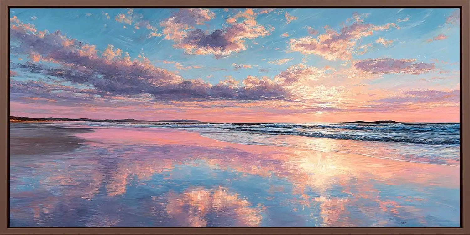 Pink sunset beach canvas art for dreamy coastal bedroom decor.
