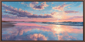 Pink sunset beach canvas art for dreamy coastal bedroom decor.