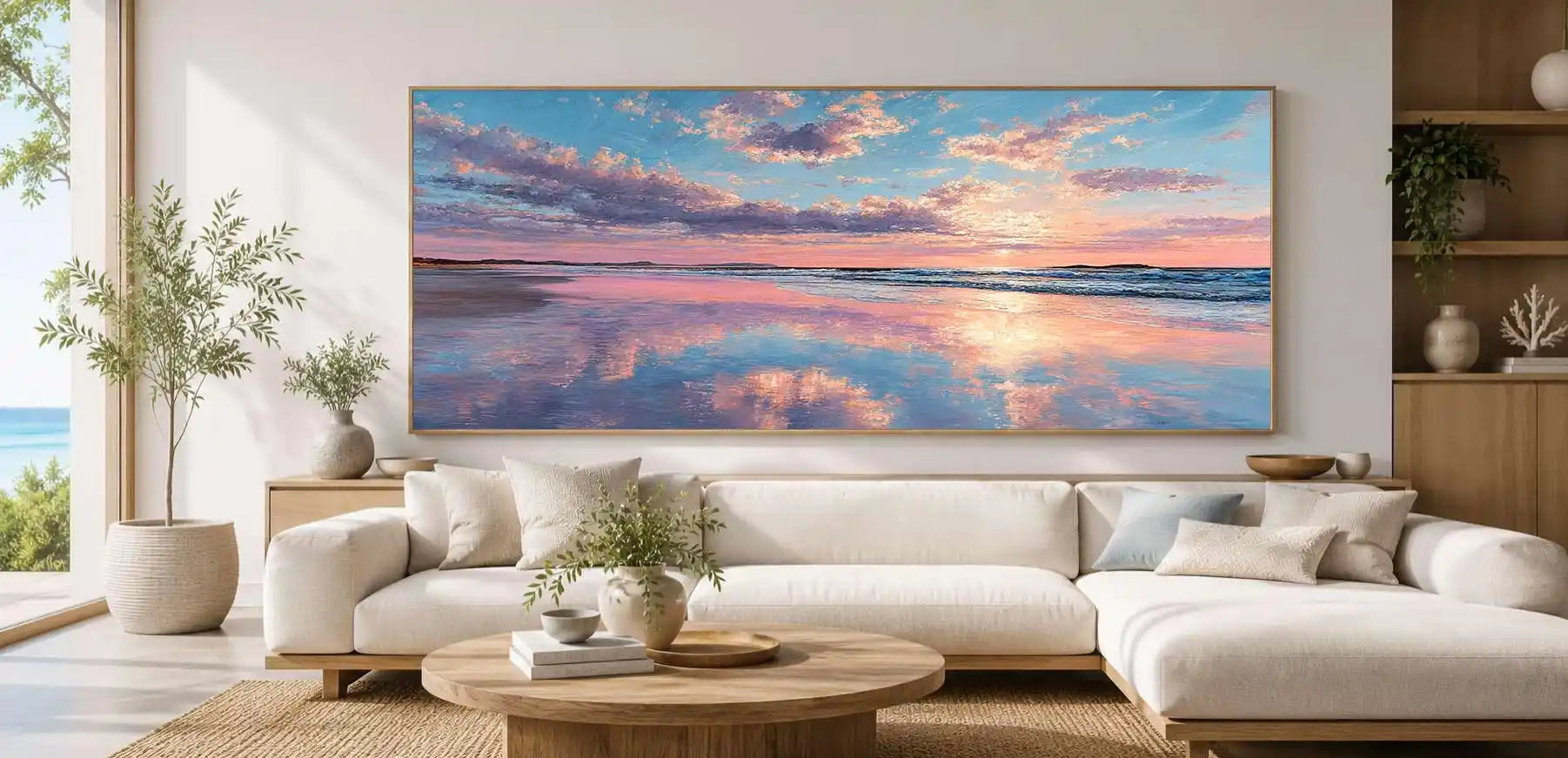 Pink sunset beach canvas art for dreamy coastal bedroom decor.