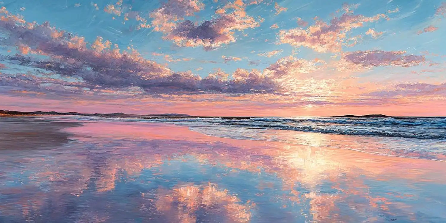 Pink sunset beach canvas art for dreamy coastal bedroom decor.