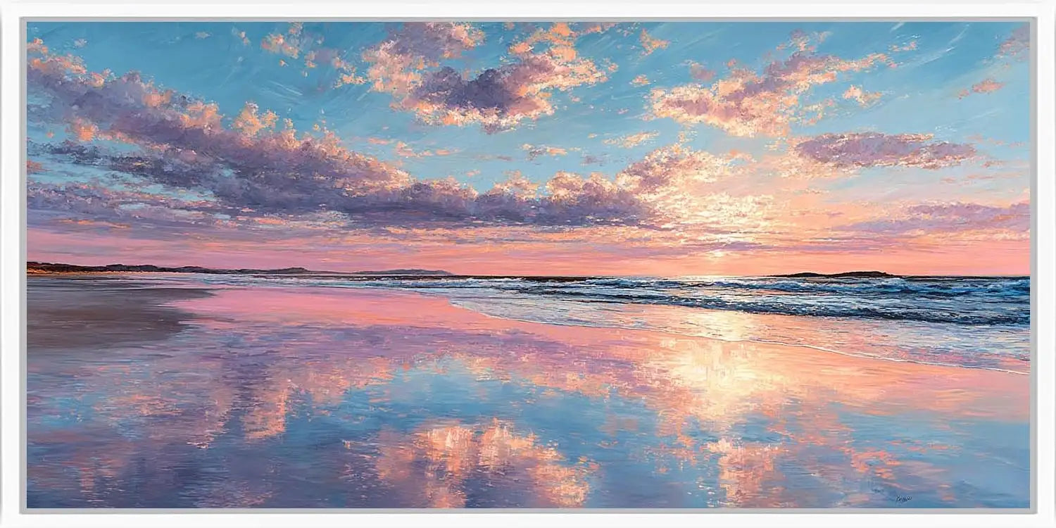 Pink sunset beach canvas art for dreamy coastal bedroom decor.