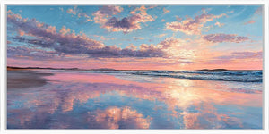 Pink sunset beach canvas art for dreamy coastal bedroom decor.
