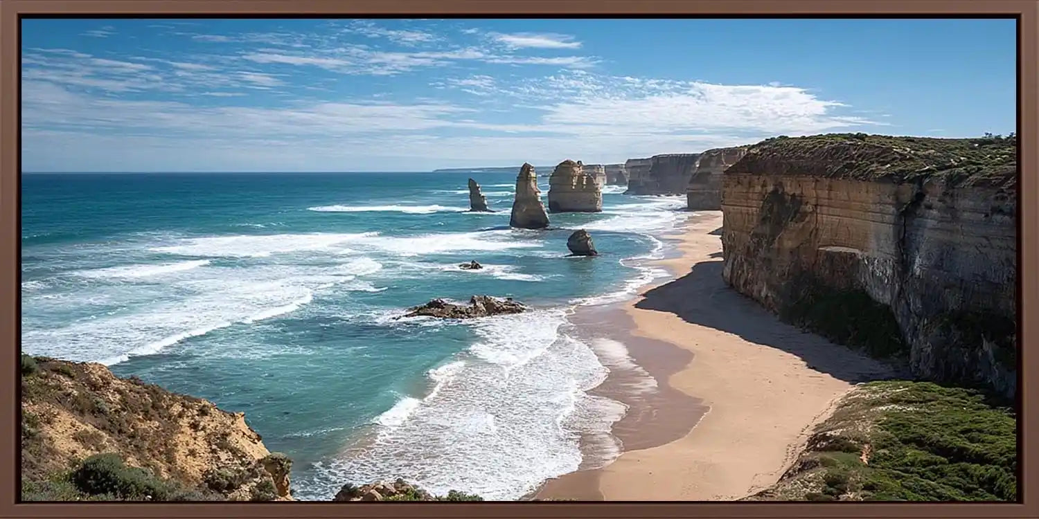 Dramatic coastal cliff canvas art with ocean waves for modern living room decor.