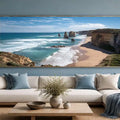 Dramatic coastal cliff canvas art with ocean waves for modern living room decor.
