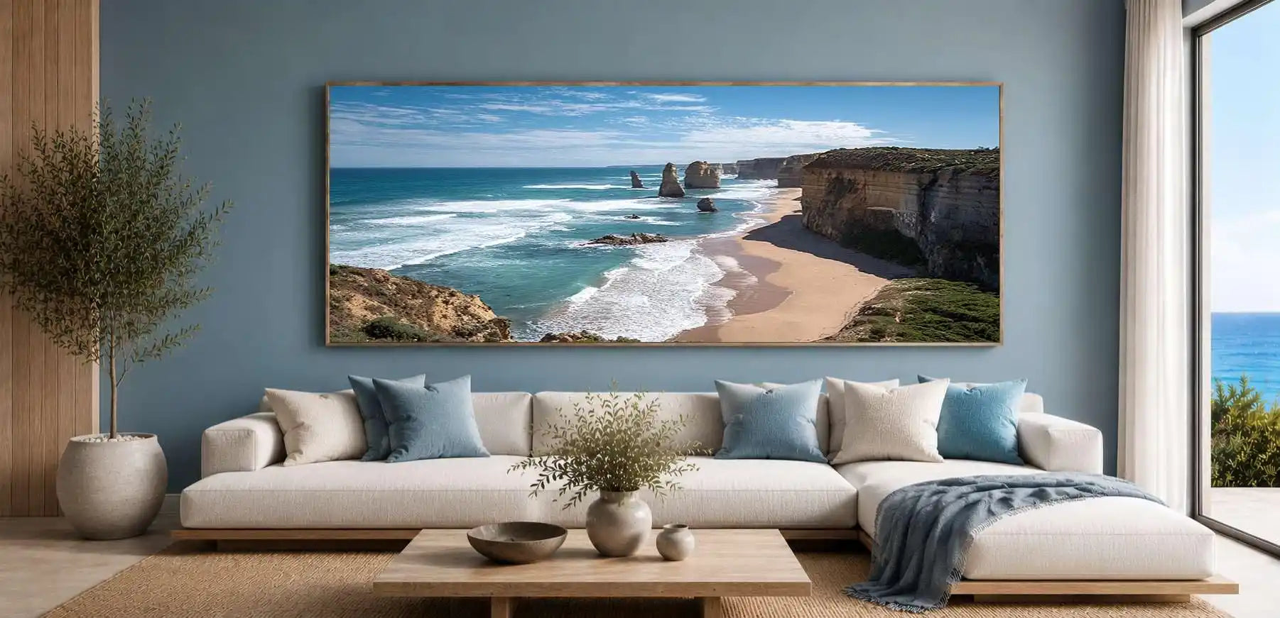 Dramatic coastal cliff canvas art with ocean waves for modern living room decor.