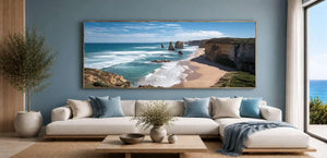 Dramatic coastal cliff canvas art with ocean waves for modern living room decor.
