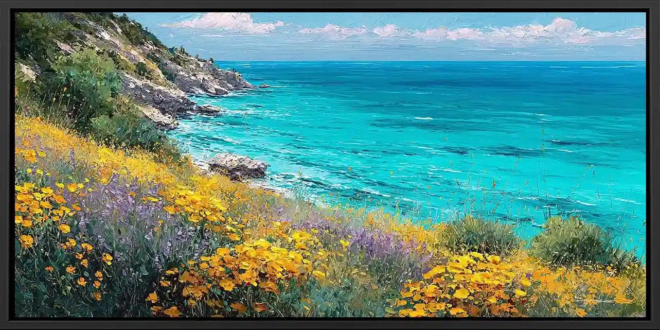 Coastal wildflower canvas art with turquoise ocean for bright home decor.