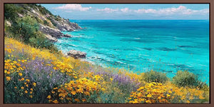 Coastal wildflower canvas art with turquoise ocean for bright home decor.