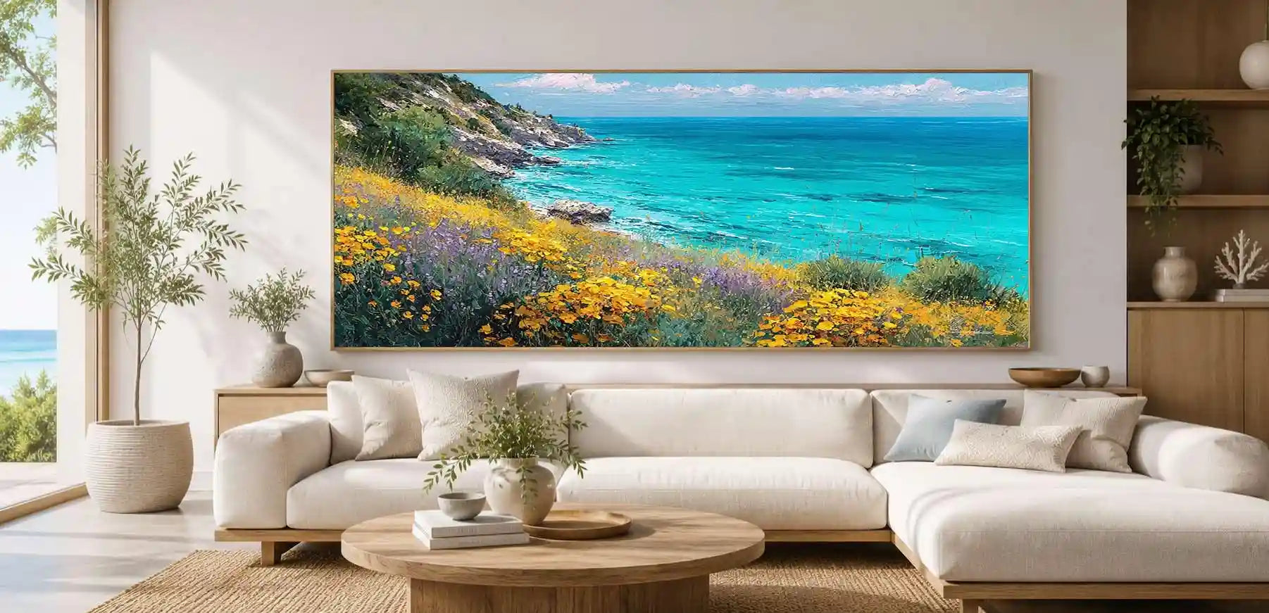 Coastal wildflower canvas art with turquoise ocean for bright home decor.