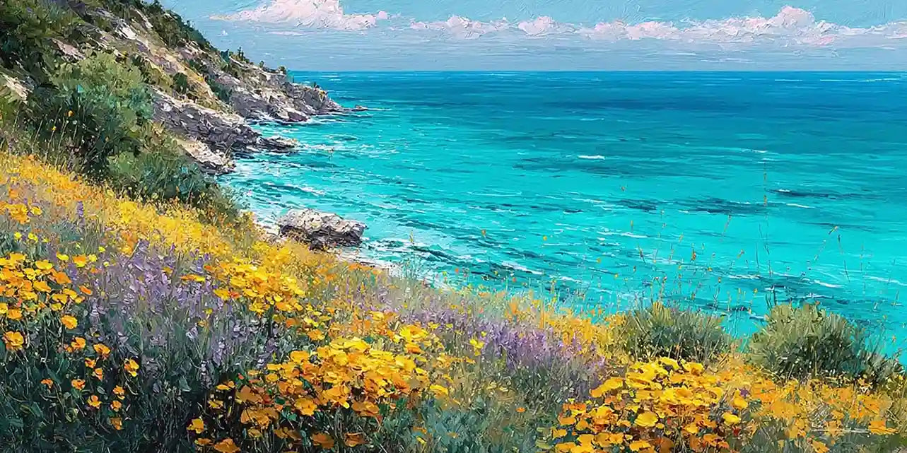 Coastal wildflower canvas art with turquoise ocean for bright home decor.
