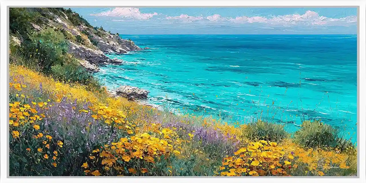 Coastal wildflower canvas art with turquoise ocean for bright home decor.