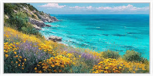 Coastal wildflower canvas art with turquoise ocean for bright home decor.