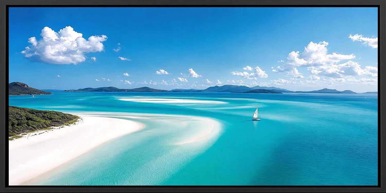 Tropical sailboat lagoon canvas art for luxury coastal living room decor.