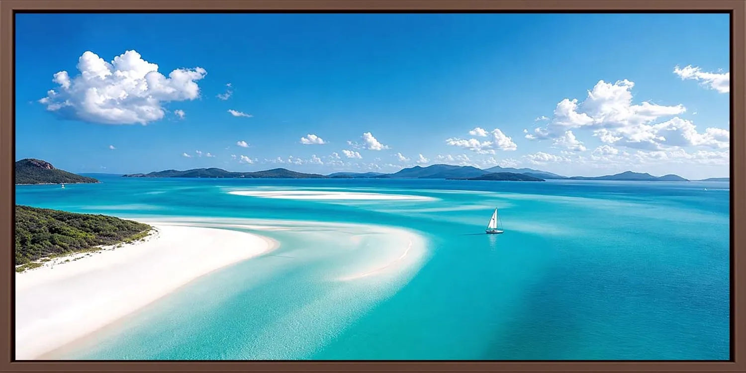 Tropical sailboat lagoon canvas art for luxury coastal living room decor.