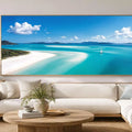 Tropical sailboat lagoon canvas art for luxury coastal living room decor.